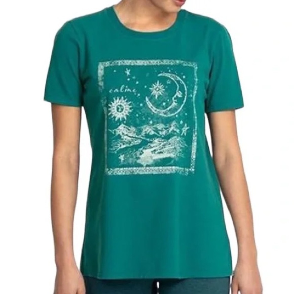 Johnny Was Calme Sun and Moon Graphic Crew Tee in Teal Green NWT
